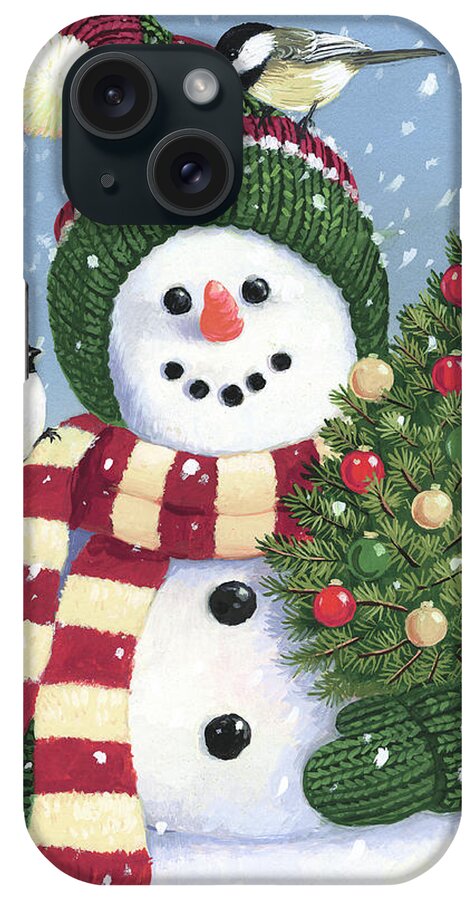 Snowman iPhone Case featuring the painting Snowman Holding A Christmas Tree by William Vanderdasson