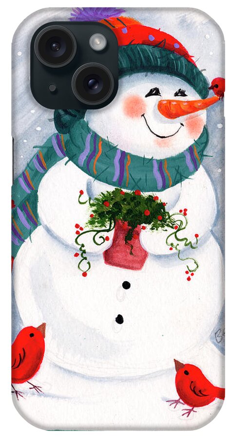 Snowman Holding A Flowering Plant. iPhone Case featuring the painting Snowman With Birds by Beverly Johnston