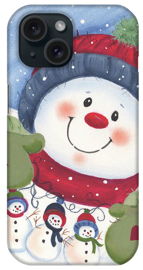 Snowman Holding A Chain Of Snowmen Decorations iPhone Case featuring the painting Snowman With Decorations by Beverly Johnston