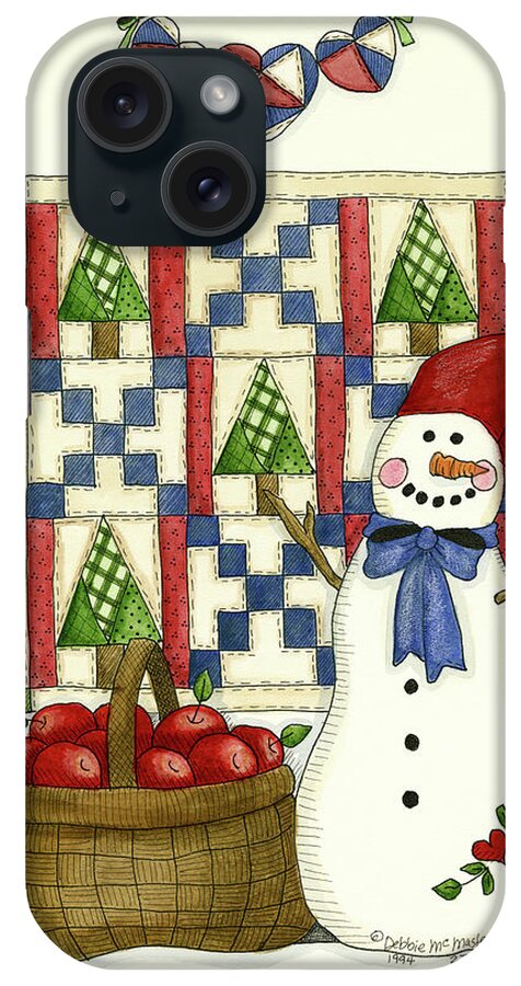 Snowman With Basket Of Apples And Quilt Hanging On Wall iPhone Case featuring the painting Snowman With Guilt & Apples by Debbie Mcmaster