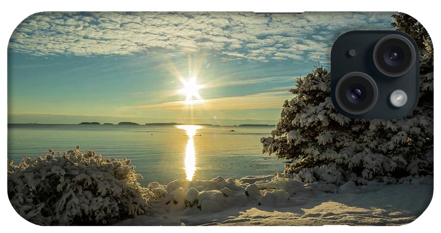 First Winter Snow In Maine And I Happened To Be There Visiting. My 1st Visit In Maine And It Was Very Rewarding. This Was My Morning Backyard In The Cabin. iPhone Case featuring the photograph Snowy Sunrise by George Kenhan