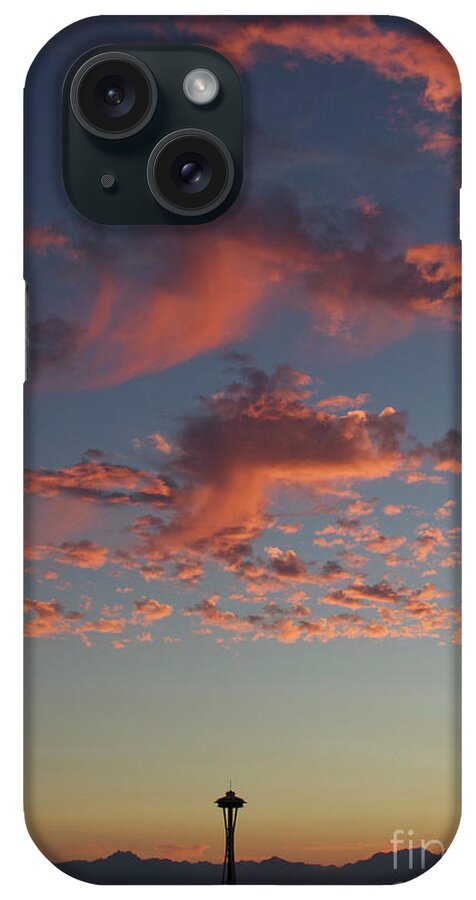 Space Needle iPhone Case featuring the photograph Space Needle and Pink Clouds by Suzanne Lorenz