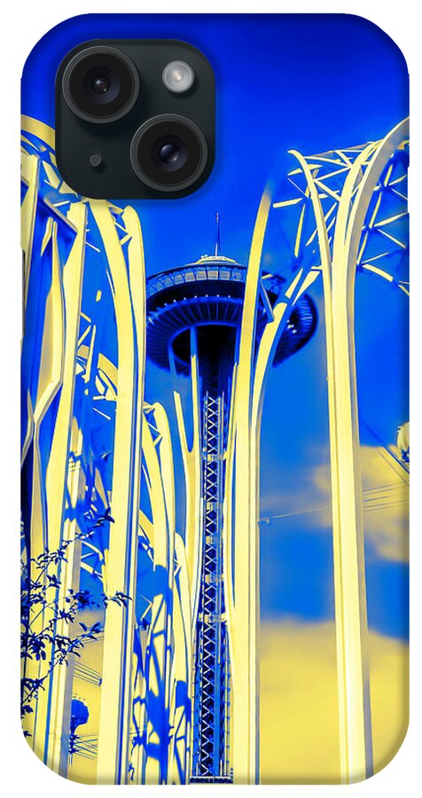 Space Needle iPhone Case featuring the photograph Space Needle Blue and Yellow by Cathy Anderson