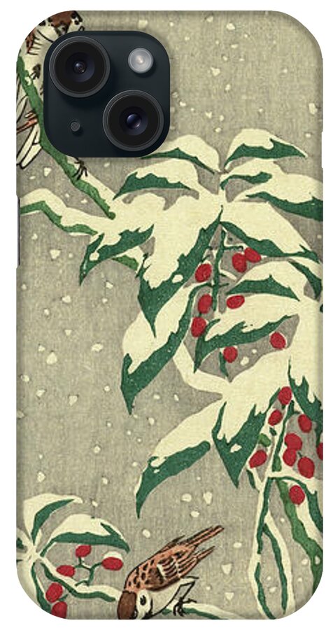 Sparrows On Snowy Berry Bush iPhone Case featuring the painting Sparrows on snowy berry bush, 1945 by Ohara Koson