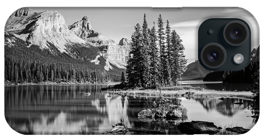Jasper iPhone Case featuring the photograph Spirit Island Maligne Lake Jasper National Park Alberta Canada Black and White by Toby McGuire