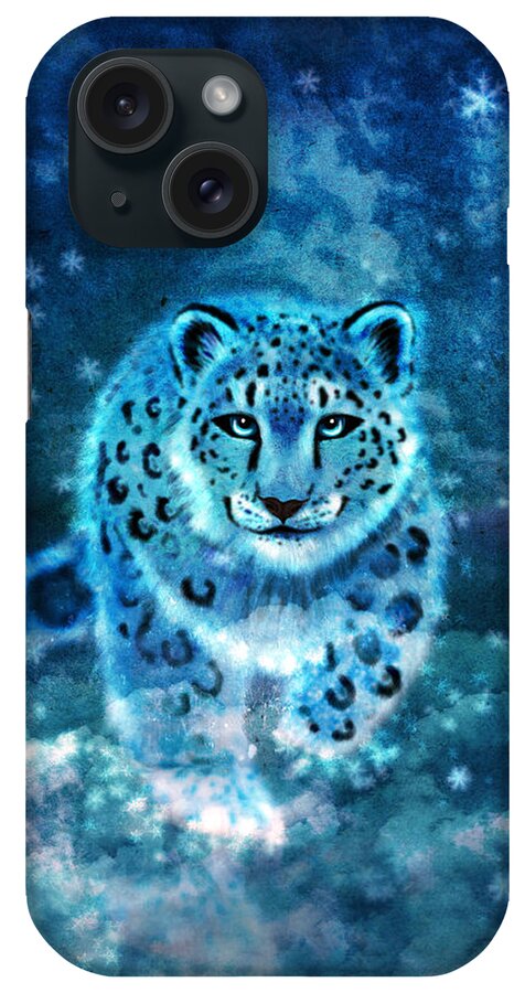 Snow Leopard iPhone Case featuring the digital art Spirit Snow Leopard in Mystical Twilight Sky by Laura Ostrowski
