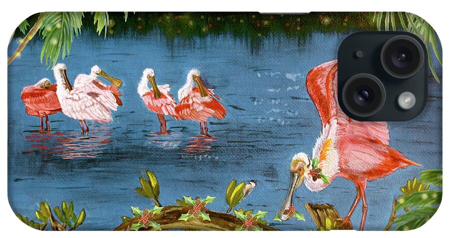 Spoonbills Christmas iPhone Case featuring the painting Spoonbills Christmas by Eileen Herb-witte