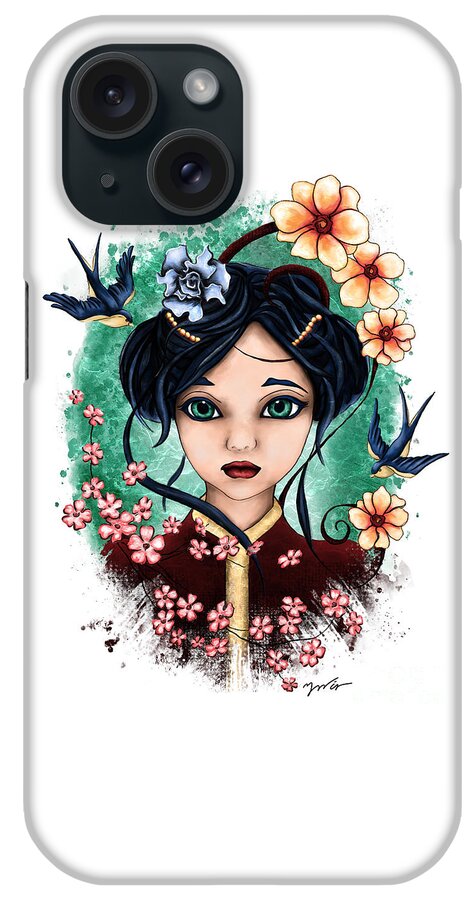 Spring iPhone Case featuring the digital art Semi-realistic girl portrait, spring geisha by Nadia CHEVREL