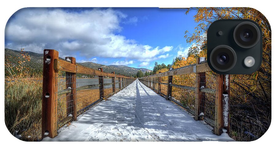 Stanfield; Marsh; Wildlife; Waterfowl; Preserve; Bridge; Wood; Snow; Trees; Bush; Branches; Leaves; Yellow; White; Blue; Sky; Clouds; Nikon; Big Bear; California iPhone Case featuring the photograph Stanfield Marsh Wildlife and Waterfowl Preserve Bridge by Eddie Yerkish