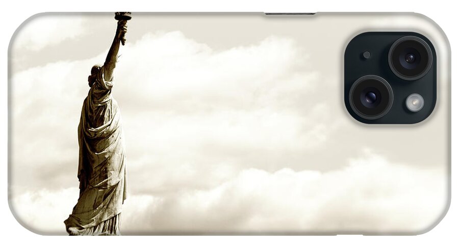 Statue iPhone Case featuring the photograph Statue Of Liberty,nyc.sepia Toned by Lisa-blue