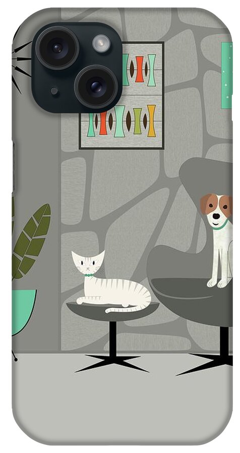 Mid Century Modern iPhone Case featuring the digital art Stone Wall with Dog and Cat by Donna Mibus