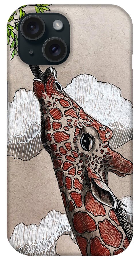 Drawing iPhone Case featuring the drawing Stretch - giraffe by Linda Apple