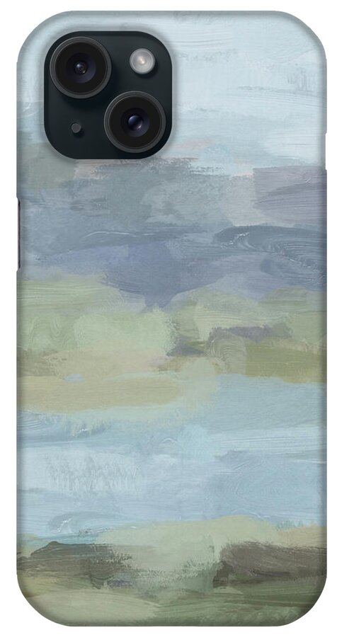 Sky Gray Blue Sage Green iPhone Case featuring the painting Summer at the Lake by Rachel Elise