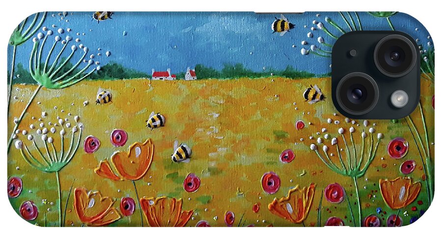 Summer Bumblebees iPhone Case featuring the painting Summer Bumblebees by Angie Livingstone