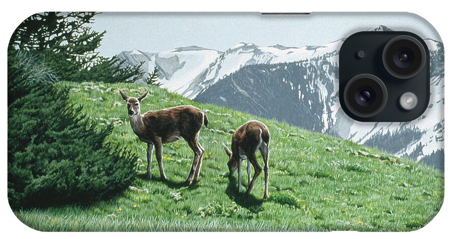 Two Deer Graze On A Grassy Field iPhone Case featuring the painting Summer Grass by Ron Parker