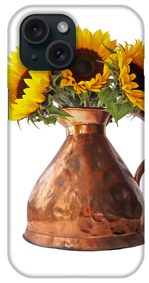 Sunflower iPhone Case featuring the photograph Sunflowers In Copper Pitcher On White by Gill Billington
