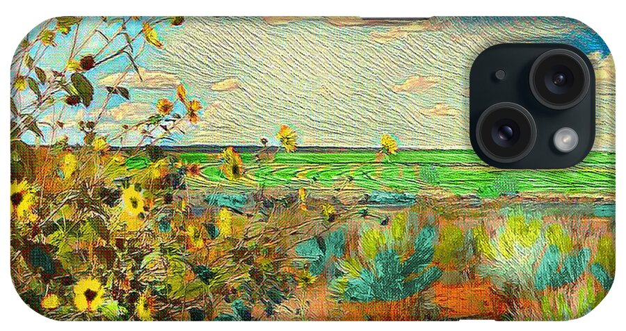 Sunflowers On The Edge Of The Field Summer's Over And The Black Eyed Susans Are Telling Us To Celebrate The Harvest iPhone Case featuring the digital art Sunflowers on the edge by Annie Gibbons