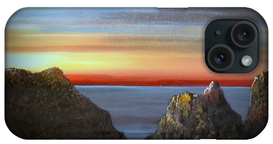 This Is An Oil Painting Of A Sundown . There Is An Ocean Reflecting The Light Blue Sky. There Are Clouds Far In The Distance From The Mountains. What Is Remaining Of The Sunlight Is Revealing Some Of The Steep Mountain Cliffs. The Dark Red Horizon Draws The Viewer Eye To That Area. The Ocean Is Calm With No Waves Or Wind. This Original Oil Painting Is 18x24 Inches. This Painting Would Appeal To Many People And Fit In Any Room. The Painting Does Not Come With A Frame. iPhone Case featuring the painting Sunset Mountain by Martin Schmidt