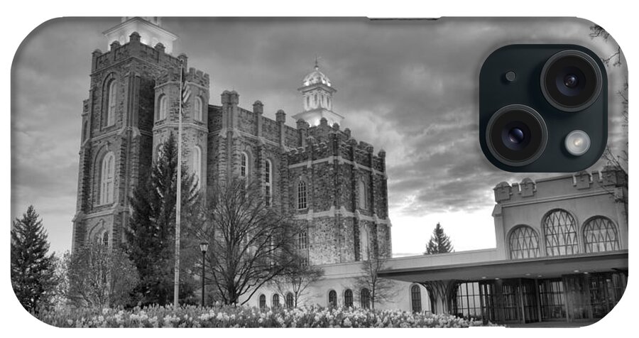 Logan Temple iPhone Case featuring the photograph Sunset Over The Logan Temple Grounds Black And White by Adam Jewell