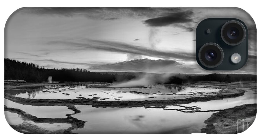 Great Fountain iPhone Case featuring the photograph Sunset Panorama At Great Fountain Geyser Black And White by Adam Jewell