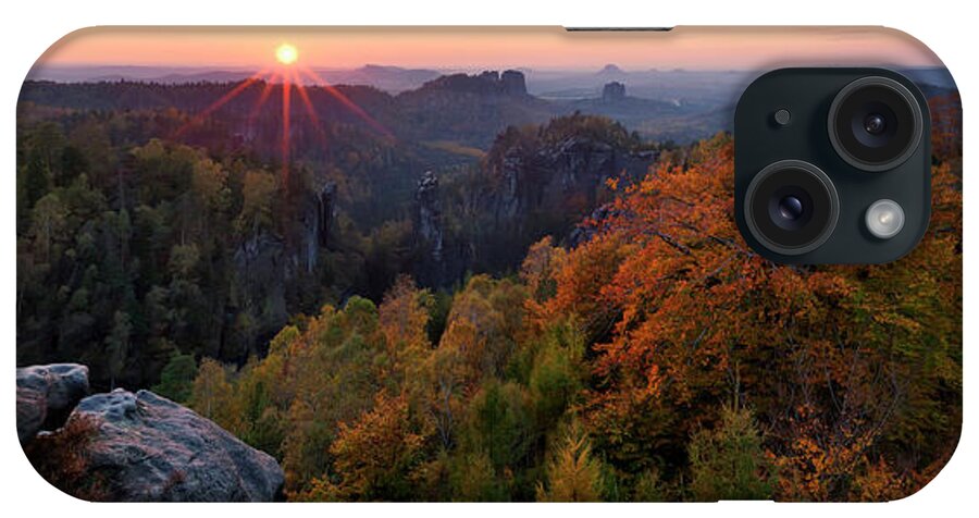 Ip_70435561 iPhone Case featuring the photograph Sunset View From The Carolafelsen To The Peaks Of Schrammsteine, Falkenstein And Lilienstein In Autumn, Saxon Switzerland National Park, Saxony, Germany by Tobias Richter