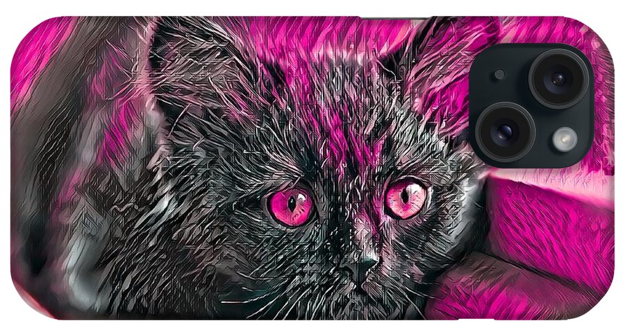 Pink iPhone Case featuring the digital art Super Cool Black Cat Pink Eyes by Don Northup