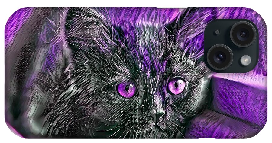 Purple iPhone Case featuring the digital art Super Cool Black Cat Purple Eyes by Don Northup