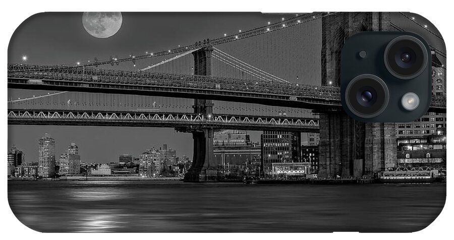 Nyc Skyline iPhone Case featuring the photograph Super Moon Over Manhattan and Brooklyn Bridges NYC BW by Susan Candelario