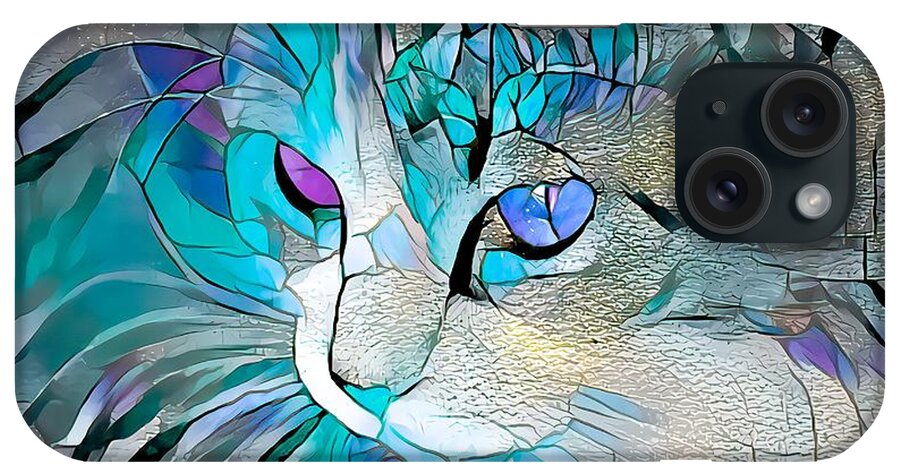 Glass iPhone Case featuring the digital art Super Stained Glass Kitten Blue by Don Northup