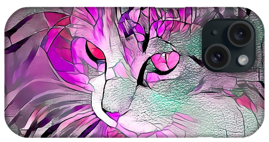 Glass iPhone Case featuring the digital art Super Stained Glass Kitten Pink by Don Northup