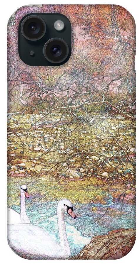Swans iPhone Case featuring the mixed media Swans in a Mist in Spring by Bonnie Marie