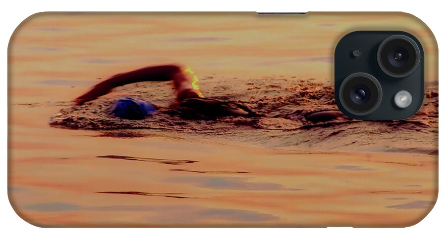 Chicago iPhone Case featuring the photograph Swimmer 1 Chicago Triathlon swimmer at sunrise Lake Michigan by Tom Jelen
