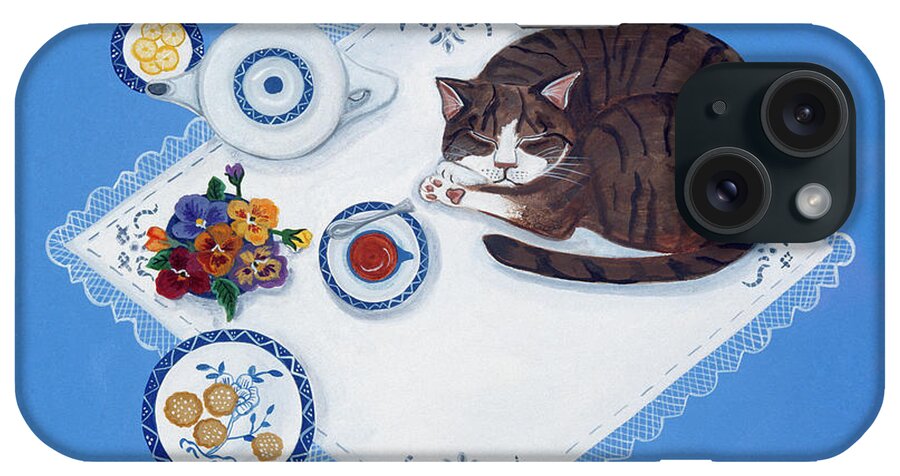 Brown tiger Cat Lying On A White And Blue Table Cloth iPhone Case featuring the painting Tabby Loves Breakfast by Jan Panico