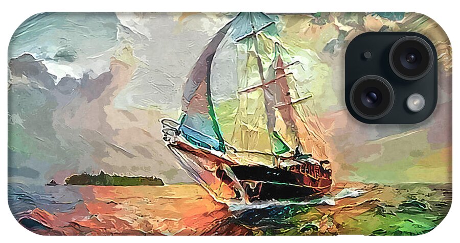 Tall Ship iPhone Case featuring the photograph Tall Ship Sails Toward Shore Abstract Painted Digitally by Sandi OReilly