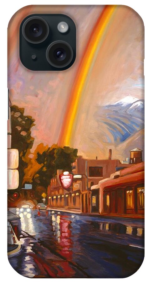 Taos Santa Fe Northern New Mexico Southwest Mountain Peak Rainbow Weather Plaza Inn Wet Street Corner Highway Weather Climate Spring Rain Puddles Water Reflections Ozone Mist Headlights Snow Capped Tourist Attraction Magnificent Beautiful Colorful Rural City High Desert Cityscape iPhone Case featuring the painting Taos Rainbow by Art West