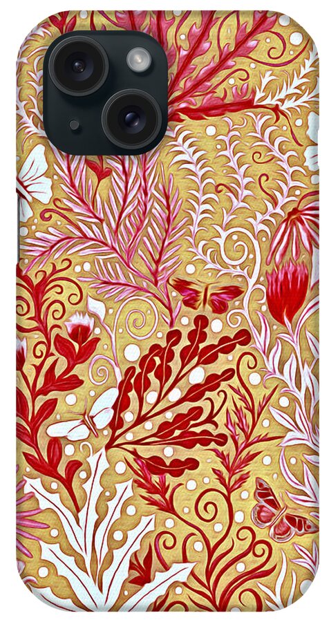 Lise Winne iPhone Case featuring the mixed media Tapestry Design with red and pink on a gold background by Lise Winne