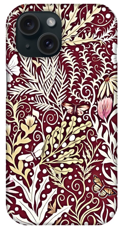 Lise Winne iPhone Case featuring the mixed media Tapestry Design, With White Butterflies, In a Deep Rich Red by Lise Winne