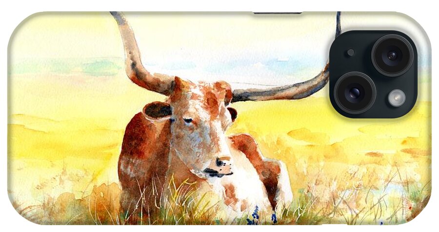 Longhorn iPhone Case featuring the painting Texas Longhorn, Bluebonnets and Sunshine by Carlin Blahnik CarlinArtWatercolor