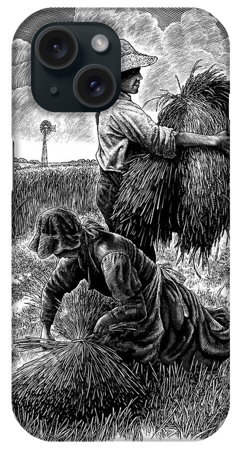Scratchboard iPhone Case featuring the drawing The Harvesters - BW by Clint Hansen