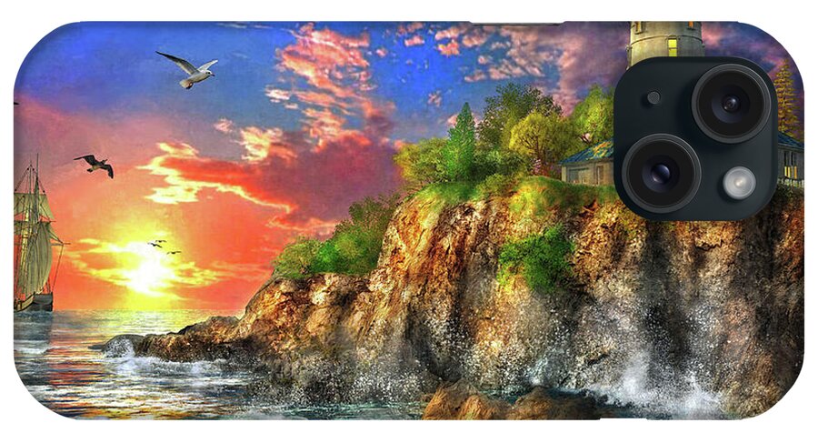 Sea iPhone Case featuring the painting The Ocean Sunset Lighthouse by MGL Meiklejohn Graphics Licensing