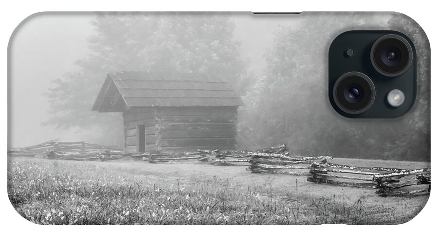 Cades Cove iPhone Case featuring the photograph The Woodshed on a Foggy Morning, Black and White by Marcy Wielfaert