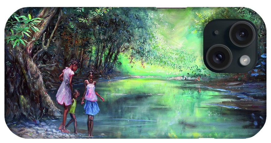 Caribbean Art iPhone Case featuring the painting Three Children by the River by Jonathan Gladding