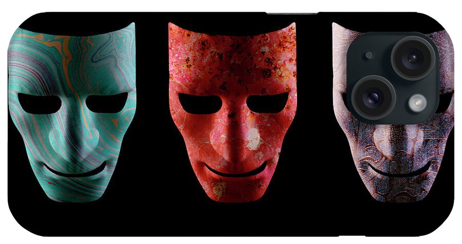 Mask iPhone Case featuring the photograph Three textured AI robotic face masks by Simon Bratt