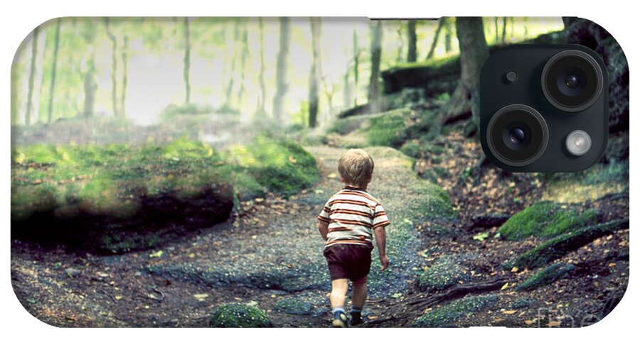 Hiking iPhone Case featuring the photograph Three year old small boy child hiking alone on an uphill trail in a boulder strewn deciduous forest by Robert C Paulson Jr