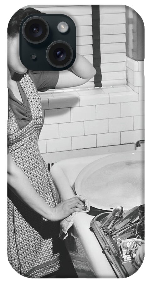 Three Quarter Length iPhone Case featuring the photograph Tired Woman At Kitchen Sink, B&w by George Marks