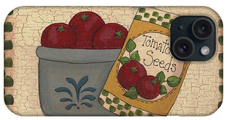 Bowl With Tomatoes Next To A Package Of ?tomato Seeds? With Checkered Border 
    Xxxx iPhone Case featuring the painting Tomato Seeds by Debbie Mcmaster