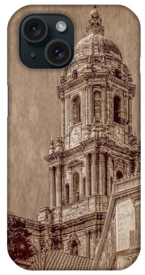 Cathedral Of Malaga iPhone Case featuring the photograph Towering Above Malaga, Sepia Vertical by Marcy Wielfaert