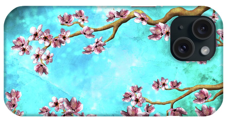 Cherry Blossoms iPhone Case featuring the digital art Tranquility Blossoms in Blue and Pink by Laura Ostrowski