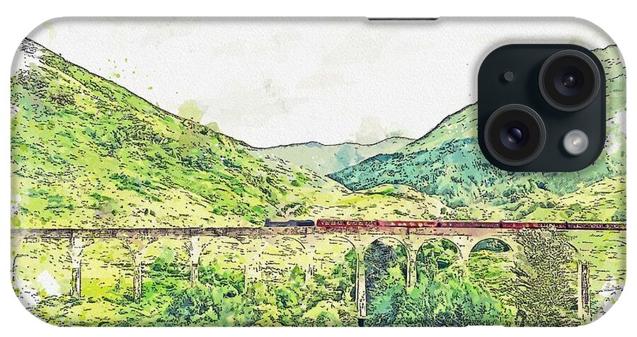 Nature iPhone Case featuring the painting Traveling over Glenfinnan viaduct, Glenfinnan, Scotland watercolor by Ahmet Asar by Celestial Images