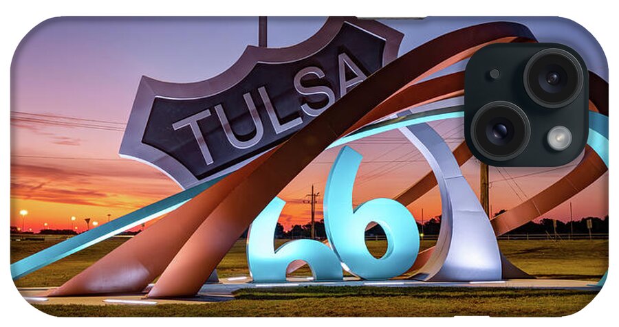 America iPhone Case featuring the photograph Tulsa Oklahoma Route 66 Rising Sculpture Panorama at Dawn by Gregory Ballos